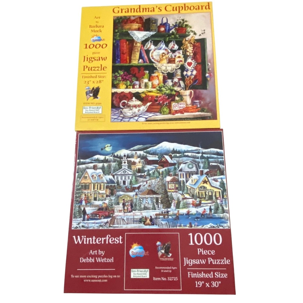 SunsOut 1000 Piece Puzzle Lot of 2 Grandma's Cupboard Winterfest Eco Friendly